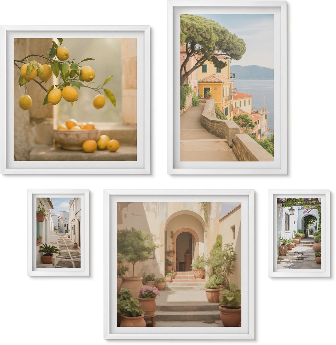 Wallfluent 5-Delige Schilderij Set - Sfeervolle Straatjes En Fruit In Mediterrane Stijl - 50 x 50 cm, 20 x 30 cm En 40 x 60 cm - Schilderijen Set - Wanddecoratie - Woonkamer - Interieur Decoratie