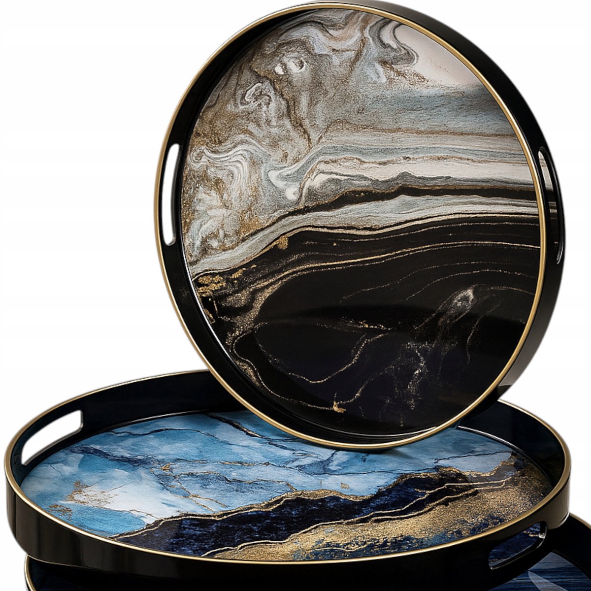 Set van 2 Marmerlook Decoratieve Dienbladen - Zwart, Goud, Blauw
