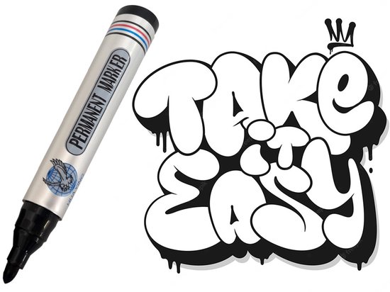 Zilverkleurige permanente marker naast een zwarte tekst "TAKE IT EASY" in graffiti-stijl.