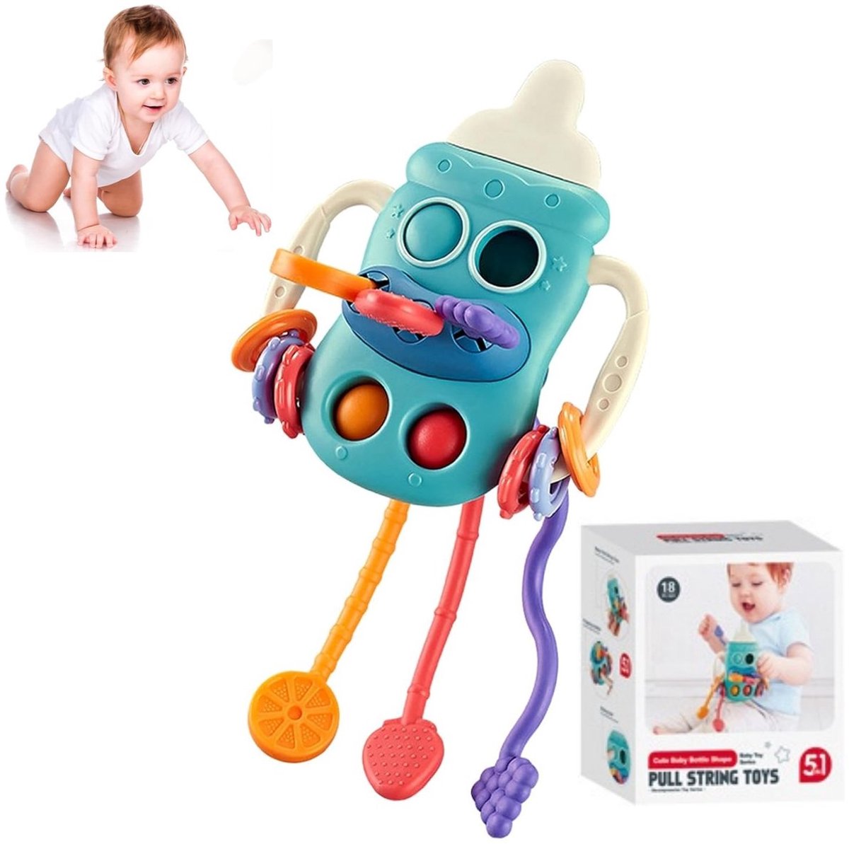 Casalora – Montessori Baby Activiteitenspeelgoed 8 Maanden+ – Sensorisch Pull String Speelgoed in Flesvorm – Educatief Speelgoed – Baby-bijtspeeltje – Blauw – Fijne Motoriek & Ontwikkelingsspeelgoed