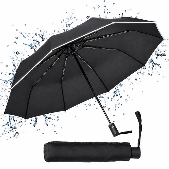 Zwarte stormparaplu met reflecterende rand, automatisch uitklapbaar, met beschermhoes. Waterdruppels op de achtergrond.