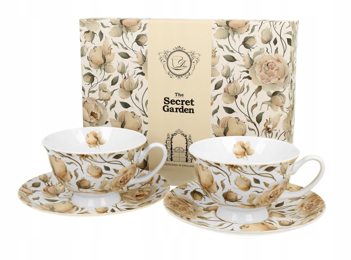 Set van 2 Porseleinen Koffiekopjes met Schotels - English Roses White