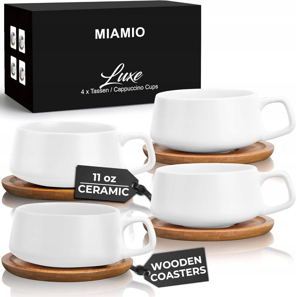 MIAMIO Set van 4 Keramische Theekopjes met Bamboe Schoteltjes