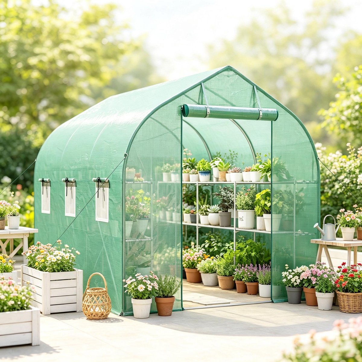 MIVRAY Kweektunnel met Planken, Deur en 6 Ramen – 198 x 293 x 194 cm – Staal en Polyetheen – Groen – Tuinplantenteelt