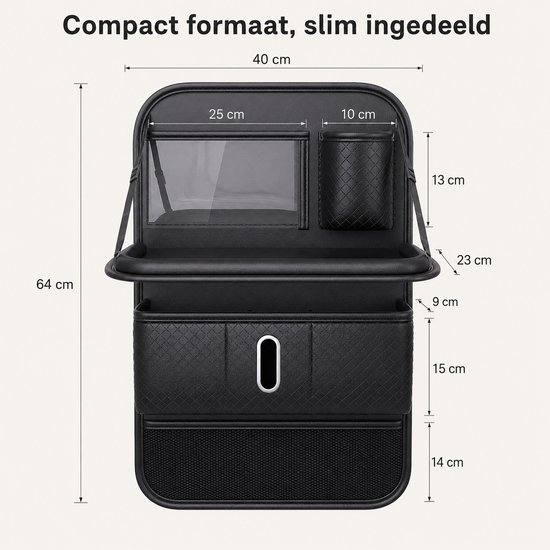 Auto Stoel Organizer met Tafeltje - 42 x 64 cm - Autostoel Organizer voor Tablet, Telefoon, Drank en Reisbenodigdheden - Ruimtebesparend Auto Accessoire - Zwart — afbeelding 3