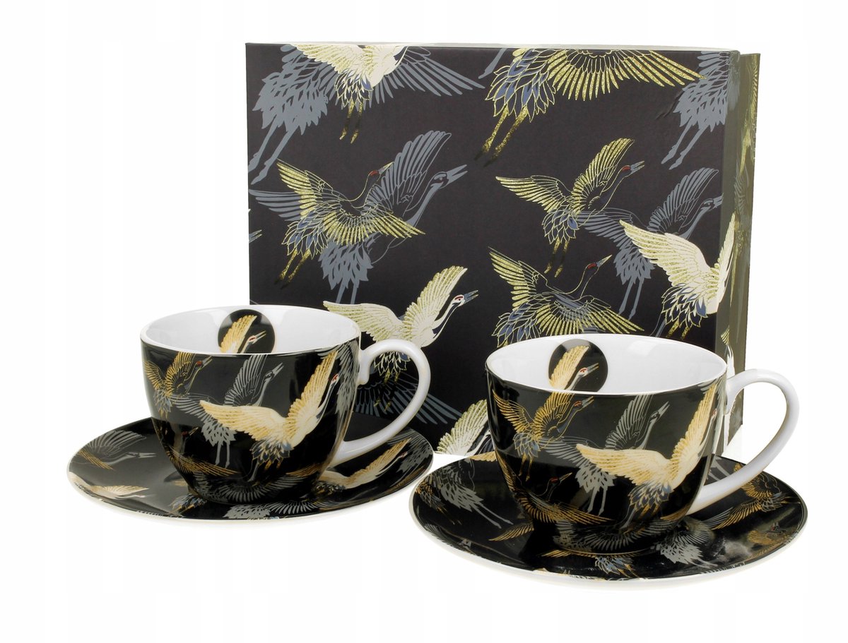 Set van 2 Luxe Kopjes met Schotels - Nachtelijke Kraanvogels
