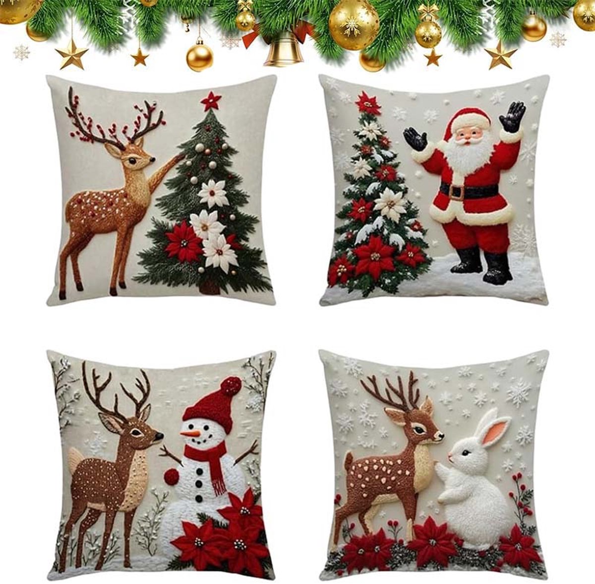 4 stuks kerst kussenslopen 45x45 cm - Linnen kussenslopen - Met kerst decoratie van rendier, sneeuwpop en dennenboom - Kerst huisdecoratie - Geschikt voor woonkamer bank