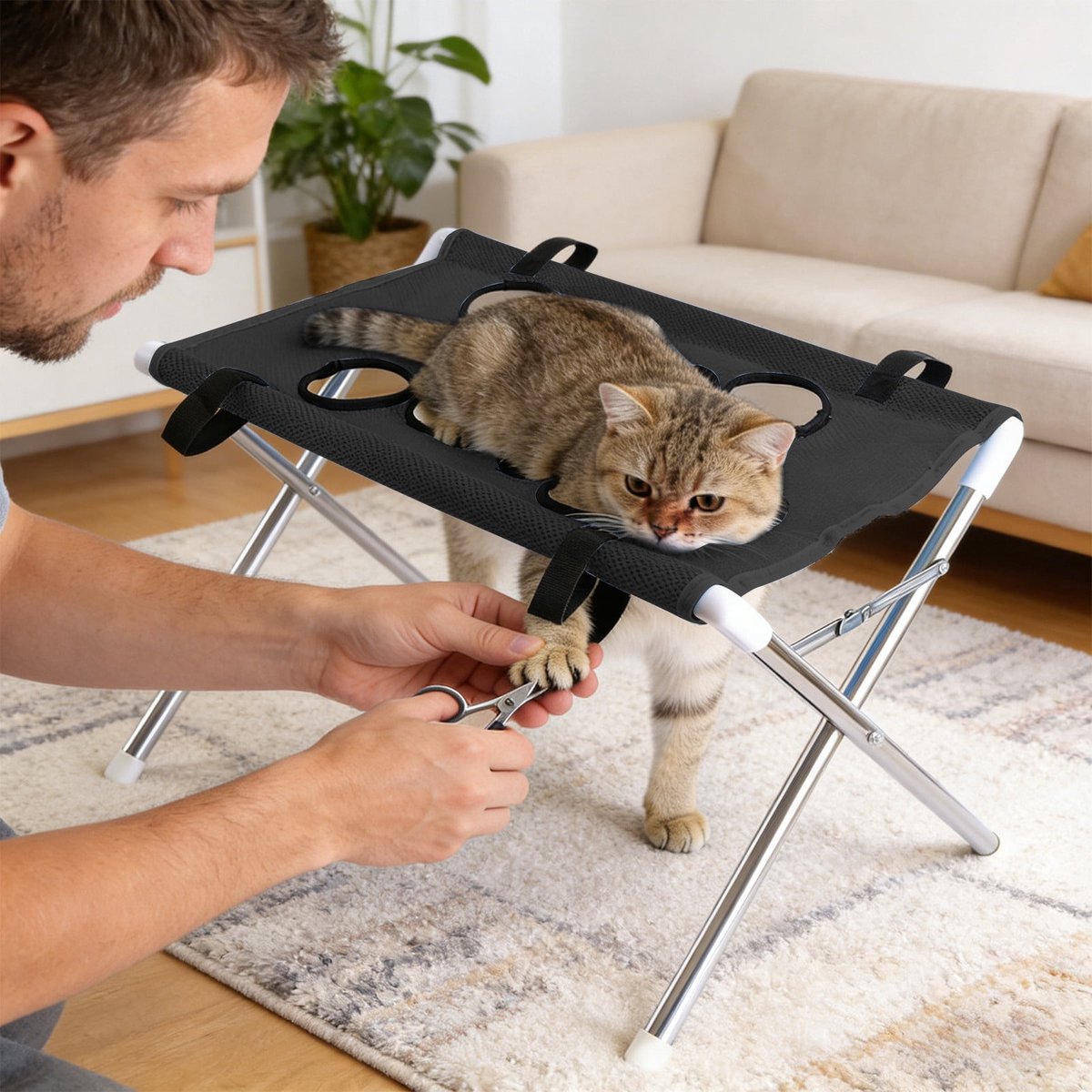 Ulisem - Dierenverzorgingshangmat - 8 Gaten Verstelbaar - Ademend Polyester Netstof - Opvouwbaar Met IJzeren Frame - Multifunctioneel Voor Katten En Kleine Honden - Voor Nagels Knippen Vacht Borstelen Oren Reinigen - Huisdier Verzorging - Zwart