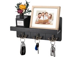 Sleutelrek met plank - sleutelhouder van hout met 3 dubbele sleutelhaken - wandrek - decoratief rek - voor ingang - hal - slaapkamer - woonkamer - zwart
