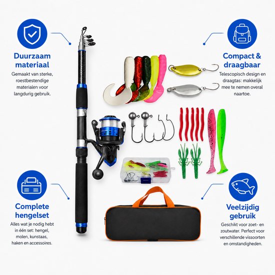 Vishengelset voor beginners - Vishengel kinderen Hengelset - Met draagtas - Hengel van 1.8 M Inschuifbaar - Complete Hengelset -Geschikt als Cadeau - Perfect voor Kamperen, Wandelen, Reizen of Picknicks- Zwart — afbeelding 3