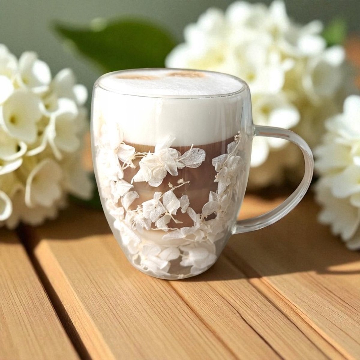 Glazen Thermische Mok met Hortensia - 300 ml