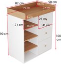 Technische tekening van witte commode met houten afwerking en maatvoering in cm.