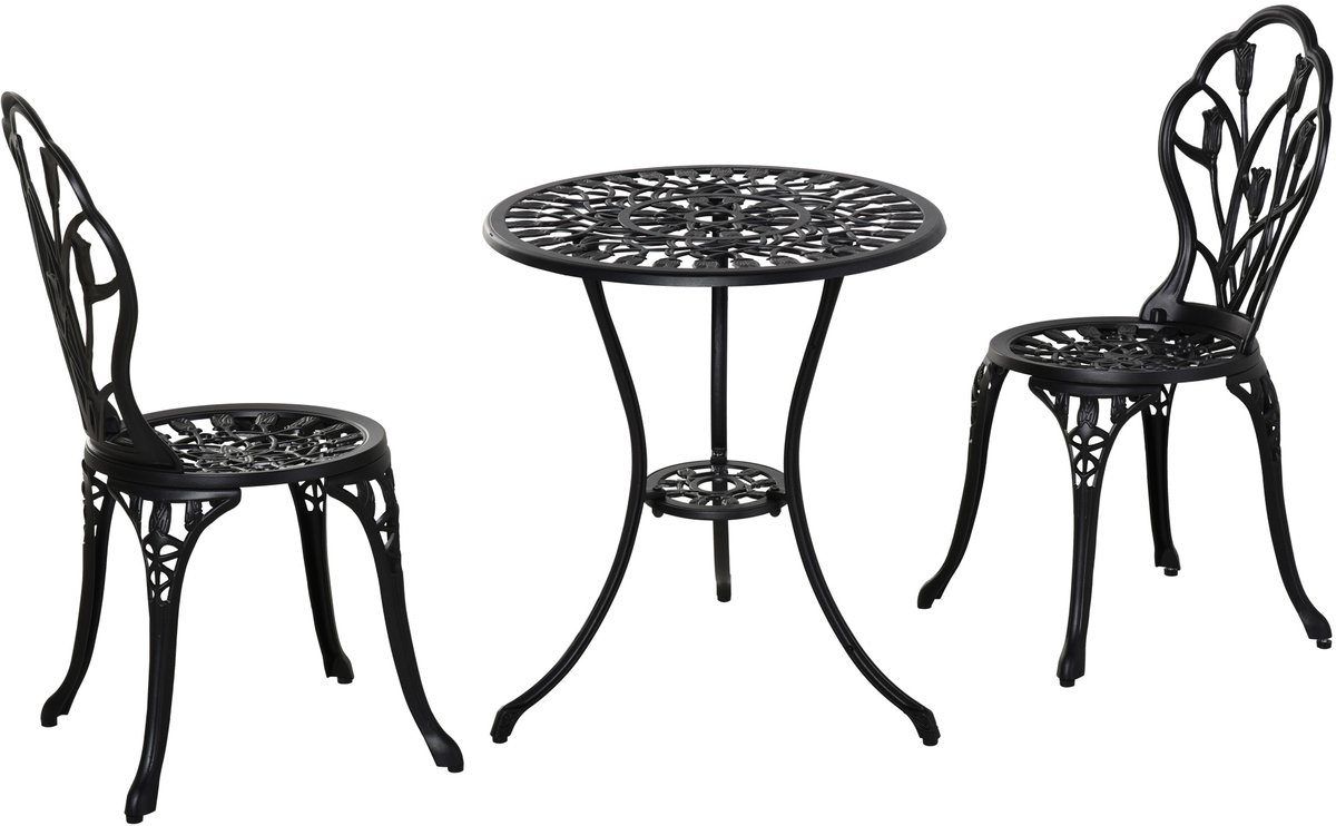 Bistroset - 3-delig: balkontafel met 2 stoelen - balkontafel van versierd aluminium - opengewerkt ontwerp - zwart