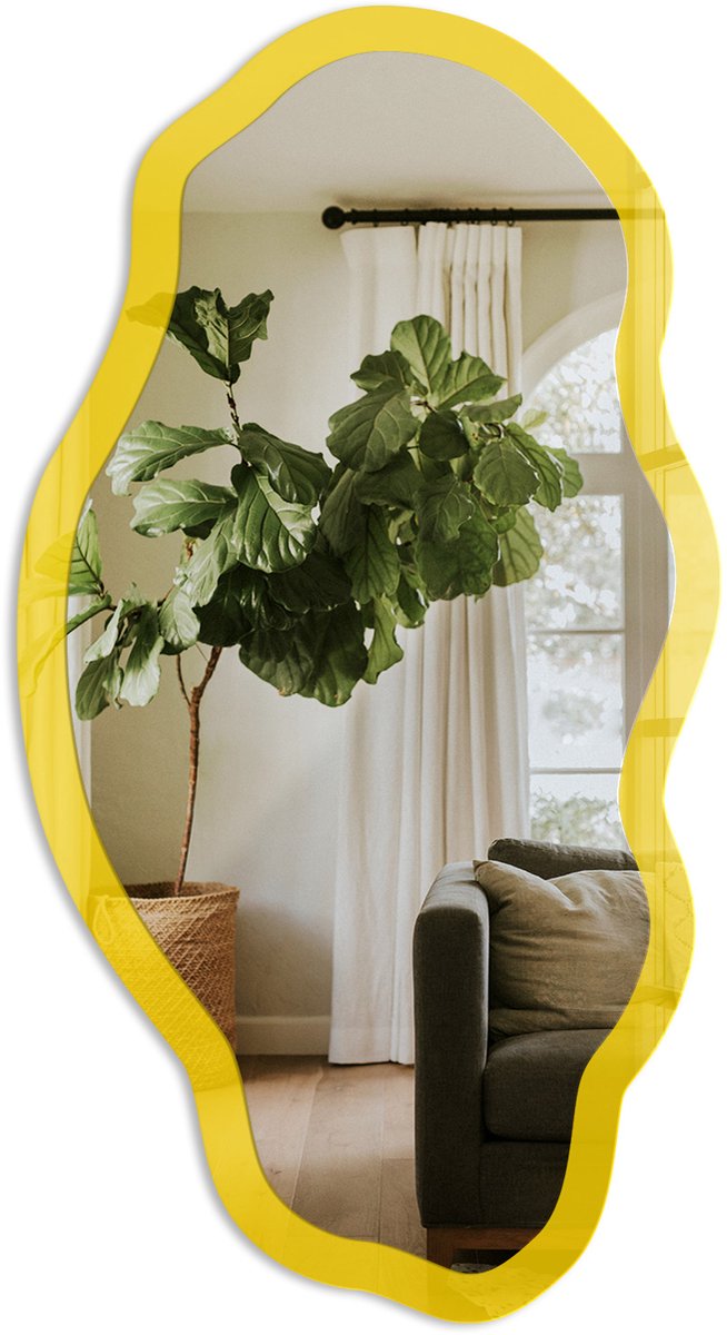 TULUP Intens Geel Spiegel - Geel Rechthoekige Spiegel Voor Interieur - Organische Spiegel - Woonkamer, Kantoor, Keuken - Minimalistisch - 45x90 cm - Totale afmeting 52x97 cm