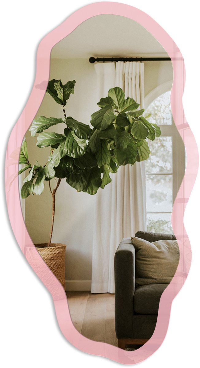 Tulup Lichtroze Spiegel - Roze Rechthoekige Spiegel Met Modern Design - Organische Spiegel - Slaapkamer, Woonkamer, Kantoor - Minimalistisch - 45x90 cm - Totale afmeting 52x97 cm