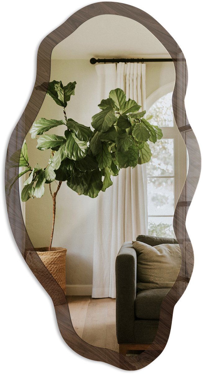 TULUP Donker Hout Spiegel - Bruin Strakke Rechthoekige Spiegel - Organische Spiegel - Woonkamer - Klassiek - 45x90 cm - Totale afmeting 52x97 cm Donker Houtpatroon, Bruin