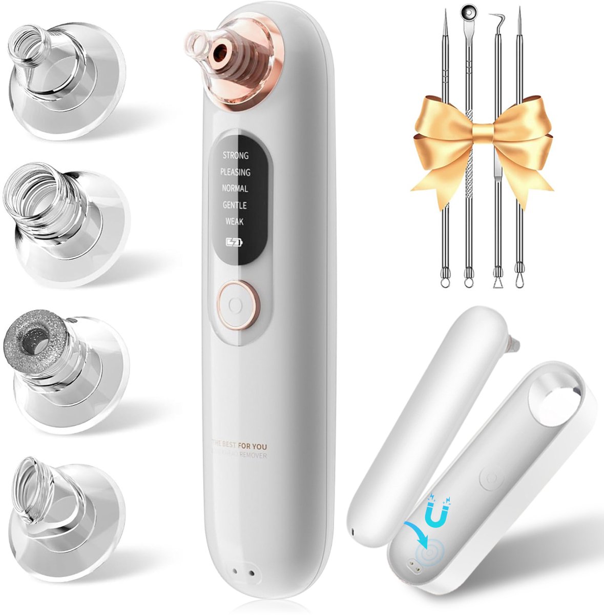 FOSMET Premium Blackhead Remover - Poriënreiniger met 4 Opzetstukken Mee eters verwijderen - Acne/Comedonenlepels/Huidverzorging