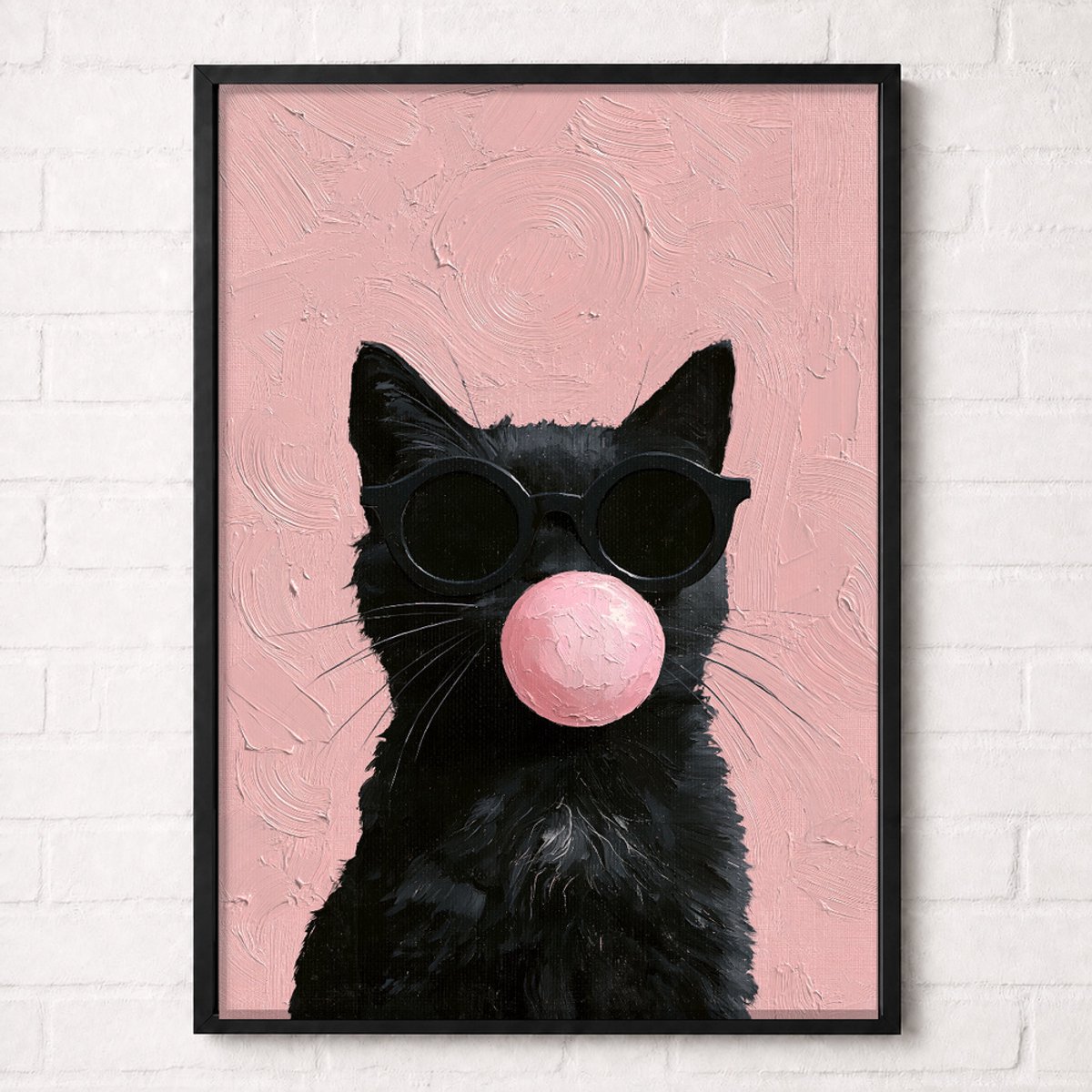 Zwarte Kat met Kauwgombel Poster - Pop Art Dieren Collectie - Grappige Katten Posters - A2+ 43,2 x 61 cm