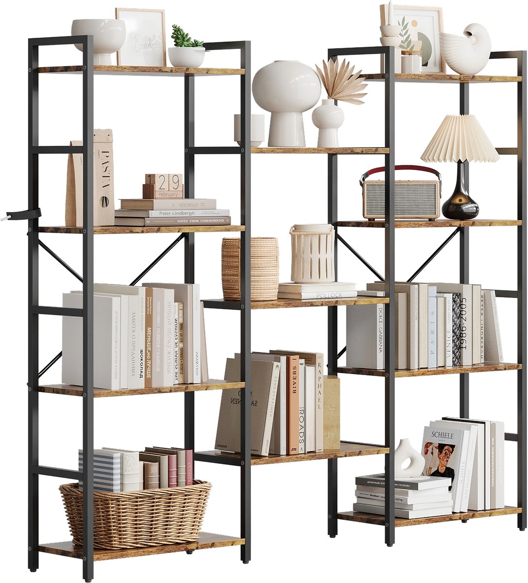 Boekenkast Brede 4 Lagen - 158x25.9x138cm - Vintage Boekenkast met Metalen Frame - Verstelbare Open Planken - Grote Boekenkast - Voor Woonkamer Kantoor - Bruin