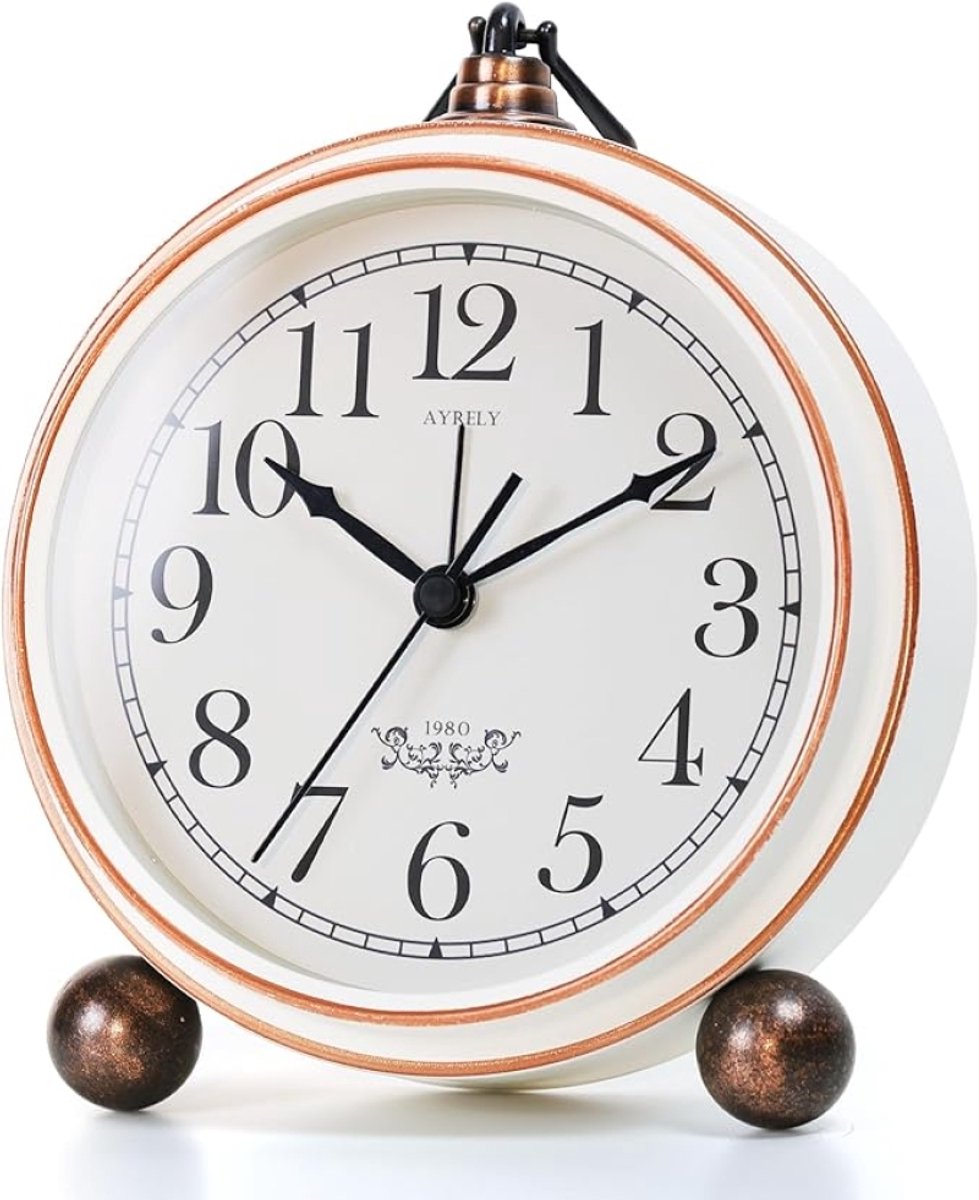 Wekker analoog vintage 13,5 cm stil batterij metaal nachtlampje - wit
