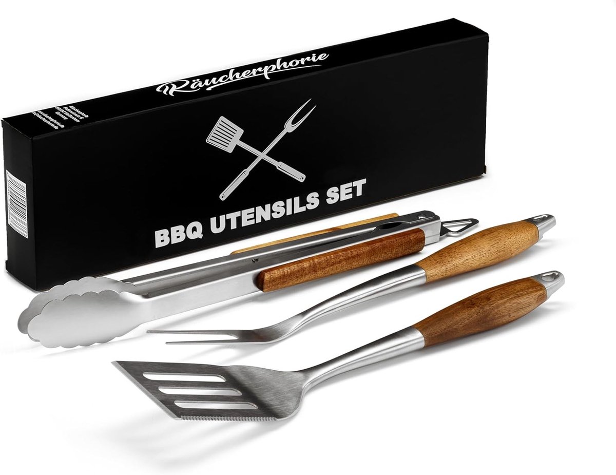 Premium Grillset - Roestvrij Staal - 3-delige Set - Met Houten Handgrepen - Voor Grillliefhebbers