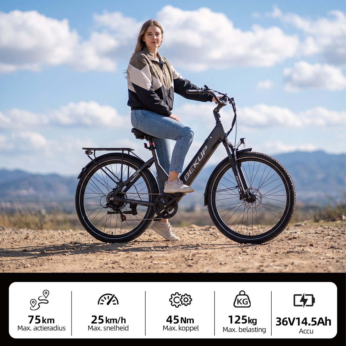 Elektrische Stadsfiets 28 inch -Comfort Lage Instap-75 km Actieradius-250W Motor-Shimano 7 Versnellingen-Verende Voorvork-Verende Zadelpen-LCD Display - rvork-Verende Zadelpen-LCD Display – foto 3