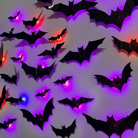 36 Stuks 3D Vleermuis Muurstickers & Raamstickers - Halloween Vleermuizen - PVC Muursticker - Halloween Decoratie - LED Verlichting - 3D Effect - Zelfklevend - Halloween Versiering - voor Griezeldecoratie | Feestversiering voor Huis & Feesten