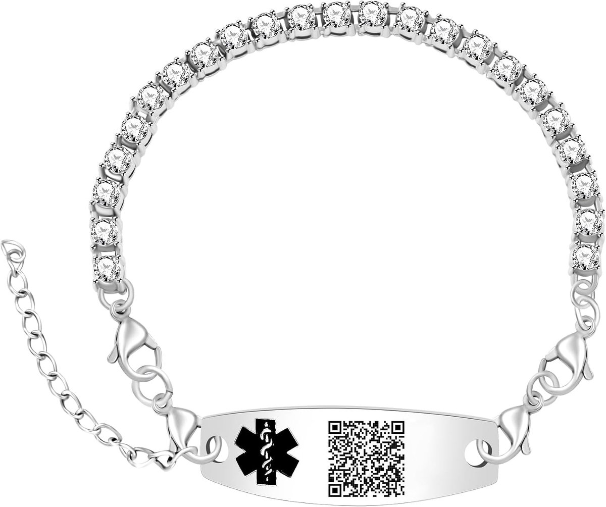Uloveido Customizable QR Code Medical Alarm Tennis Bracelet, Silver and Gold Color Options, Personalized Engraved - ShopVlot