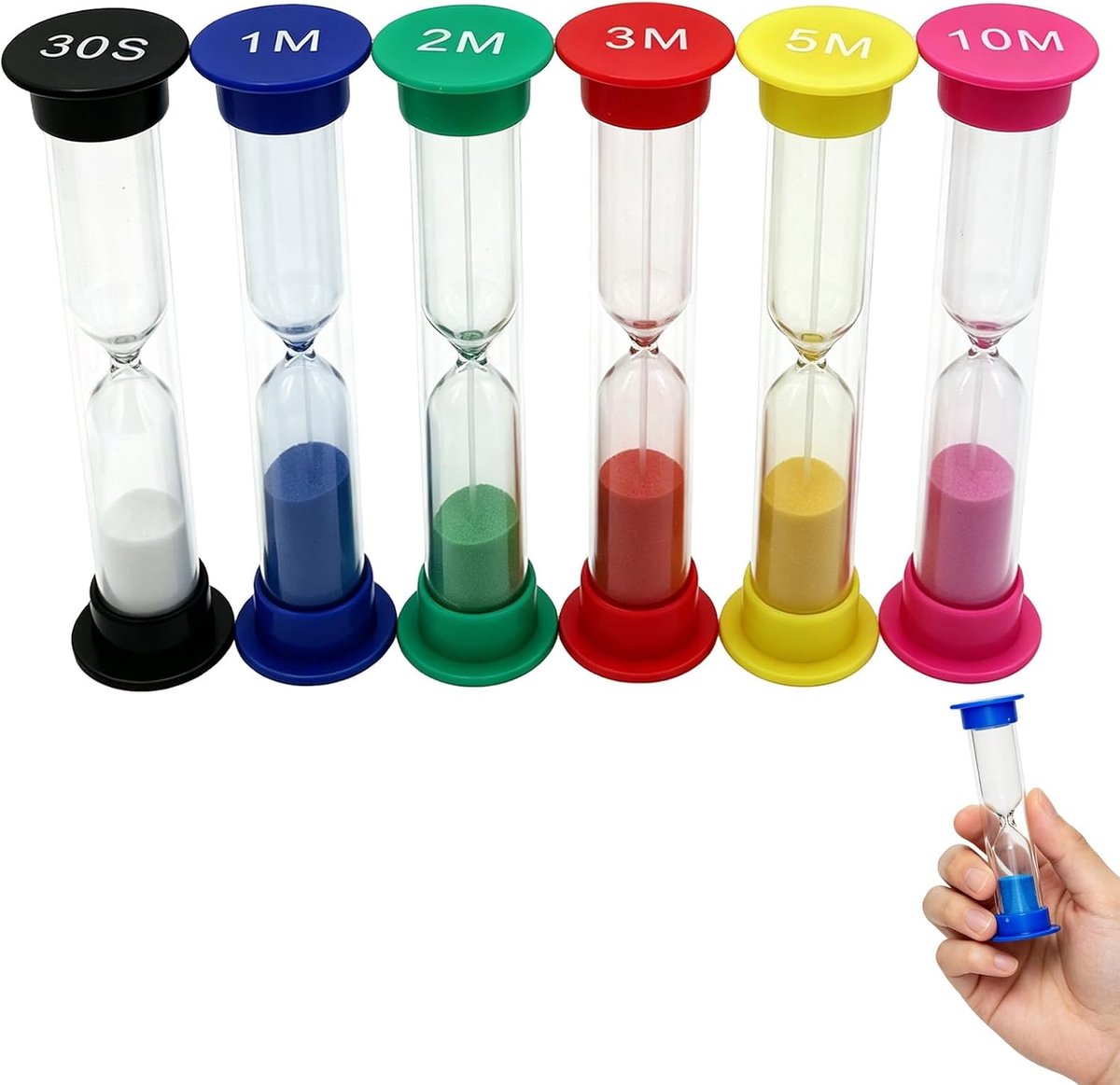 6-delige zandloper timer set voor kinderen - Kleurrijke zandlopers met 30 seconden, 1, 2, 3, 5 en 10 minuten - ShopVlot