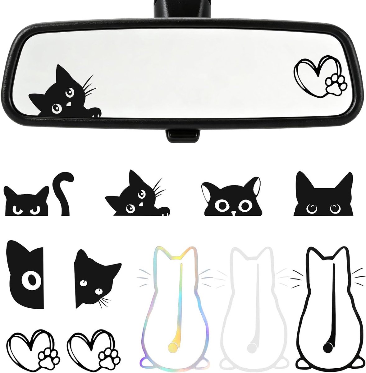 Katten autostickerset, achteruitkijkspiegel, ruitenwisser, hart, pootjessticker - ShopVlot
