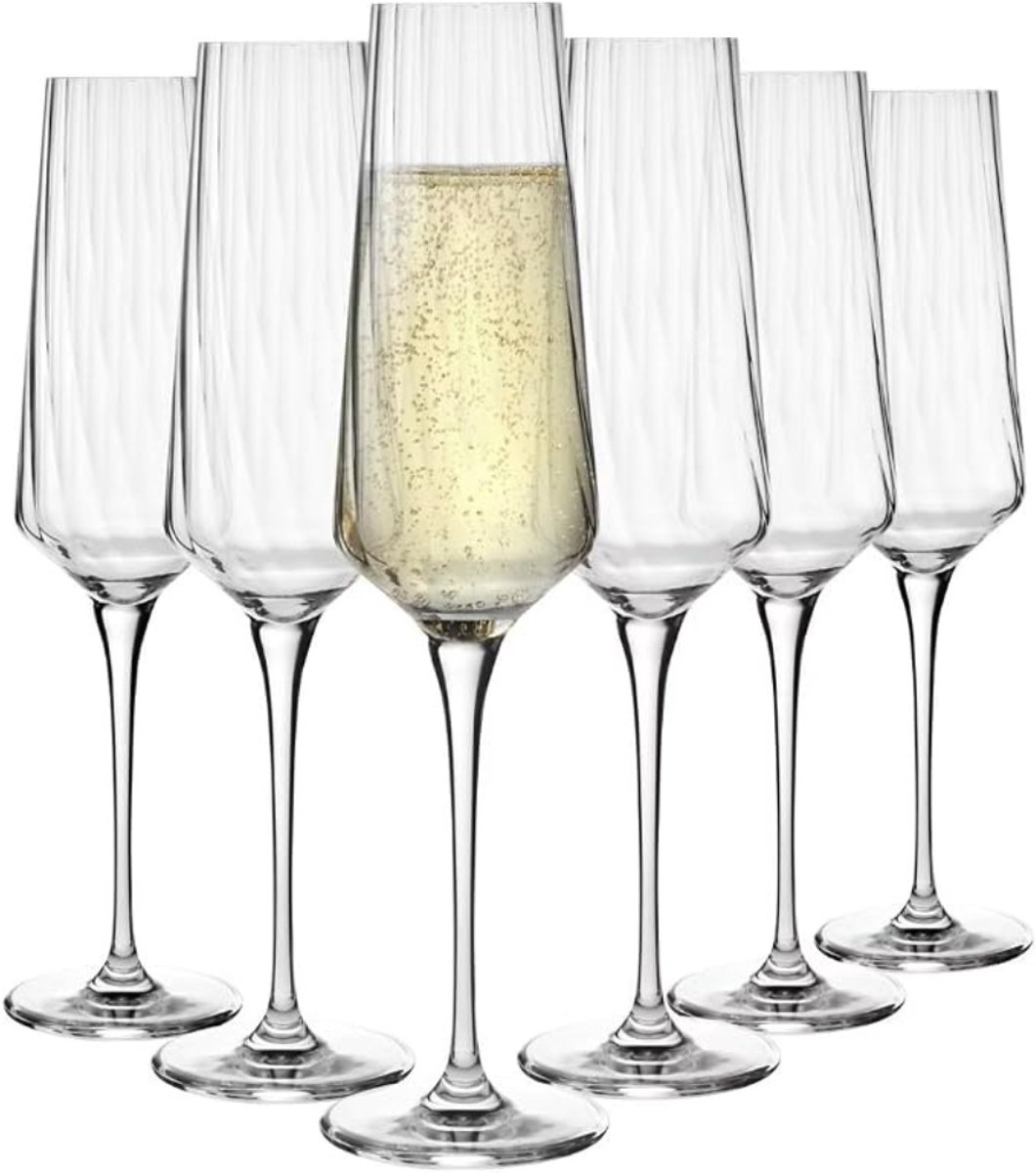 Verte Wijnglazen Set - Champagneglazen - Loodvrij - Kristal met Optisch Ontwerp voor Prosecco en Mousserende Wijn - Elegant - Vaatwasmachinebestendig - Voor Horeca en Thuisgebruik - 200 ml - Set van 6 Stuks