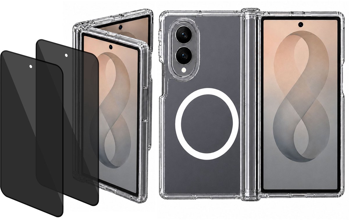 2x Hoesje met Privacy screenprotector geschikt voor Samsung Galaxy Z Fold 8 - Luchtkussens - Magsafe - Siliconen Hoes - Gehard Glas - Transparant - geschikt voor Samsung Galaxy Z Fold 8