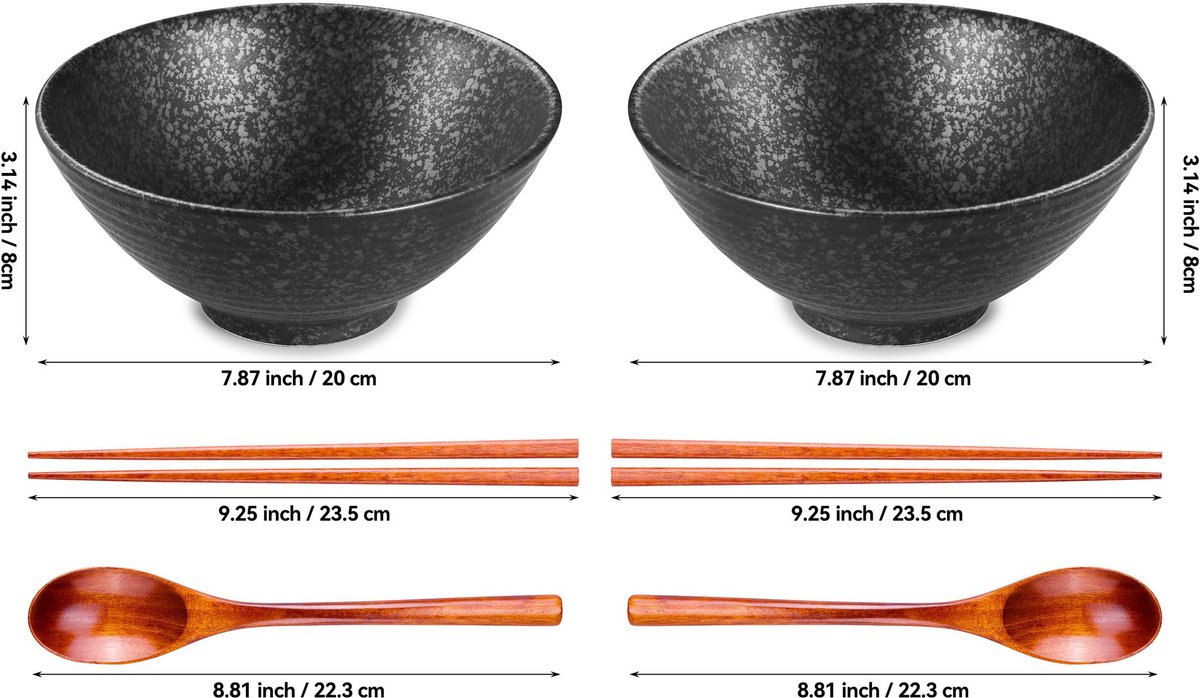 Ceraozmus Japanse keramische ramenkom, 20 cm, set van 2, Japanse noedelsoepkommen met lepels en eetstokjes voor - ShopVlot