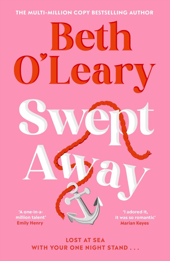 Boek 'Swept Away' van Beth O'Leary, met rode touwen en een anker op een roze achtergrond.