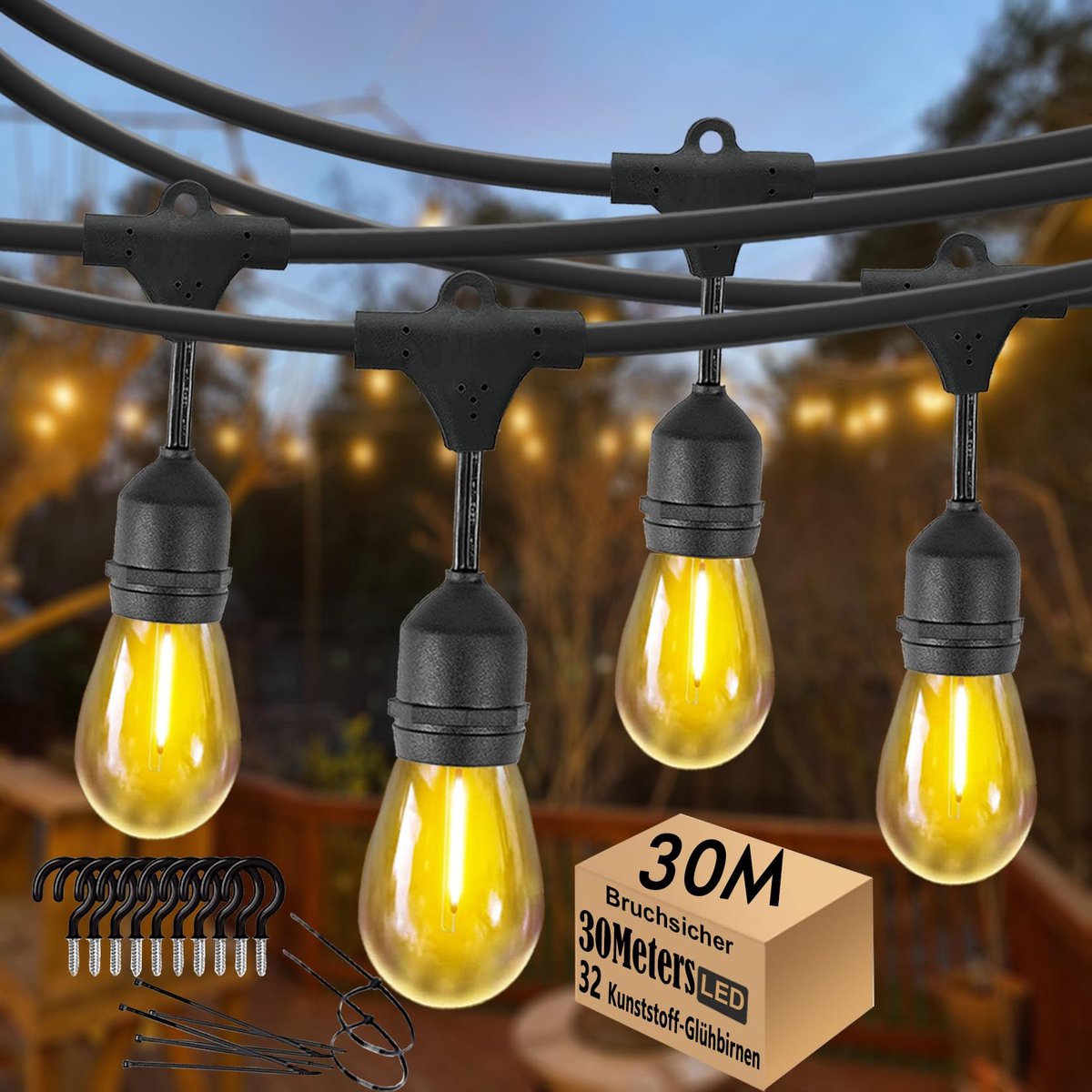 Led-lichtsnoer voor buiten 30 m - S14 E27 waterdicht - IP65 met 30 + 2 ledlampen - warmwit voor tuinverlichting - ShopVlot