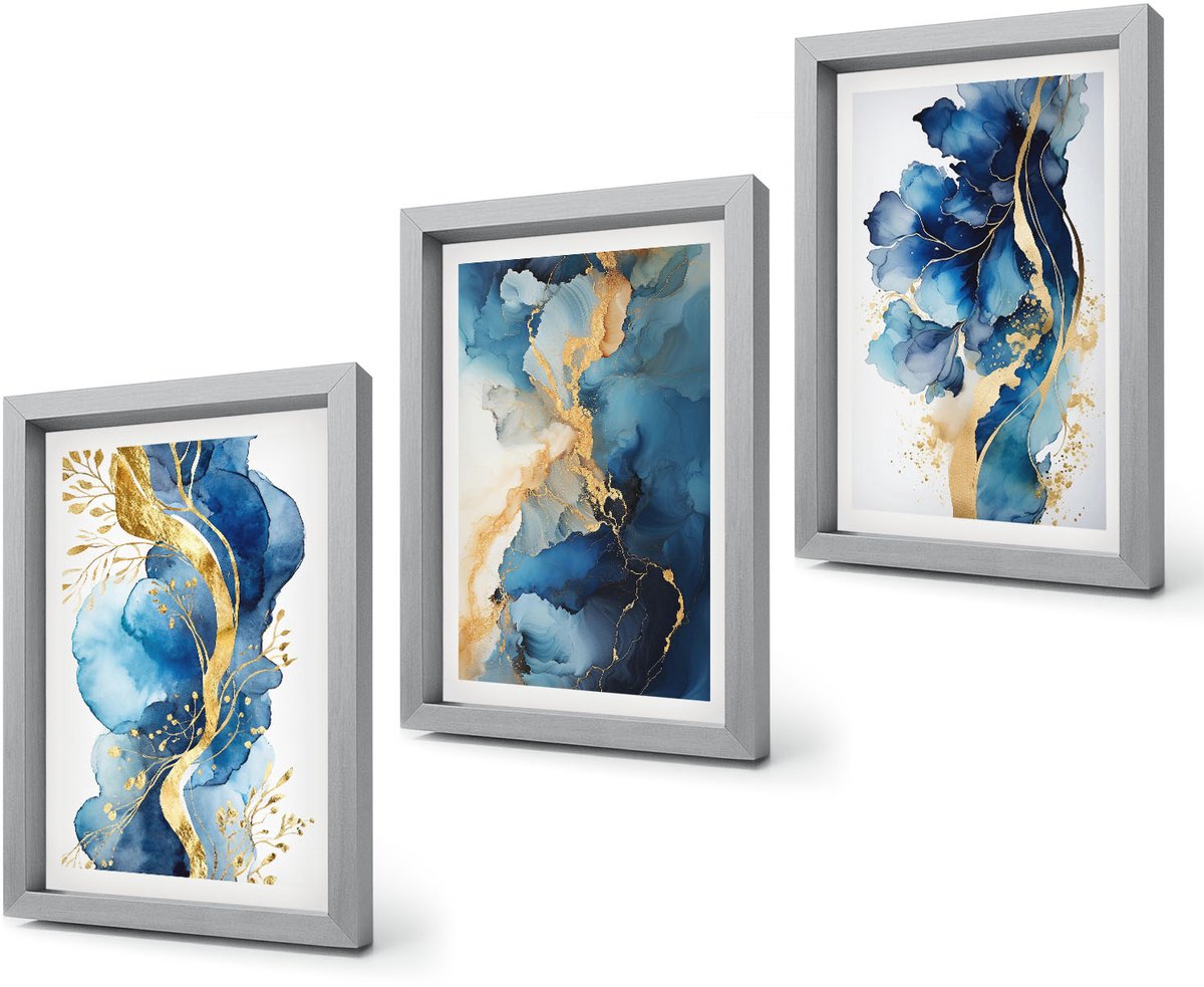 Coloray 4-Delige Schilderij Set - Blauwe abstracte patronen met subtiele accenten - 20 x 30 cm - Wanddecoratie - Moderne Interieurdecoratie - Interieur Decoratie Zilveren lijst