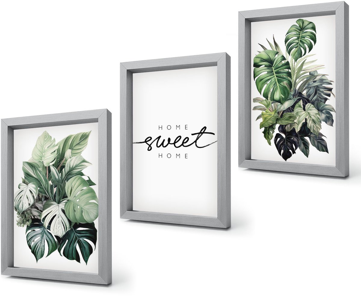 Coloray 4-Delige Schilderij Set - Planten in het groen met de woorden Sweet Home - 20 x 30 cm - Wanddecoratie - Schilderijen Set - Kantoor - Moderne Wanddecoratie Zilveren lijst