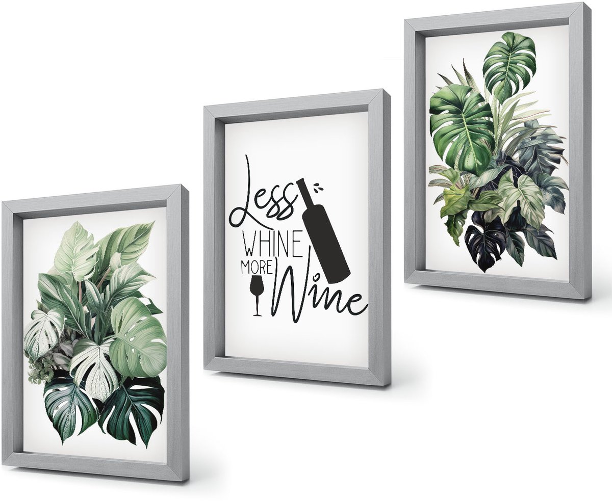 Coloray 4-Delige Schilderij Set - Groene plantenbladeren met het opschrift "wijn". - 20 x 30 cm - Decoratieve Schilderijen - Woonkamer - Interieur Zilveren lijst