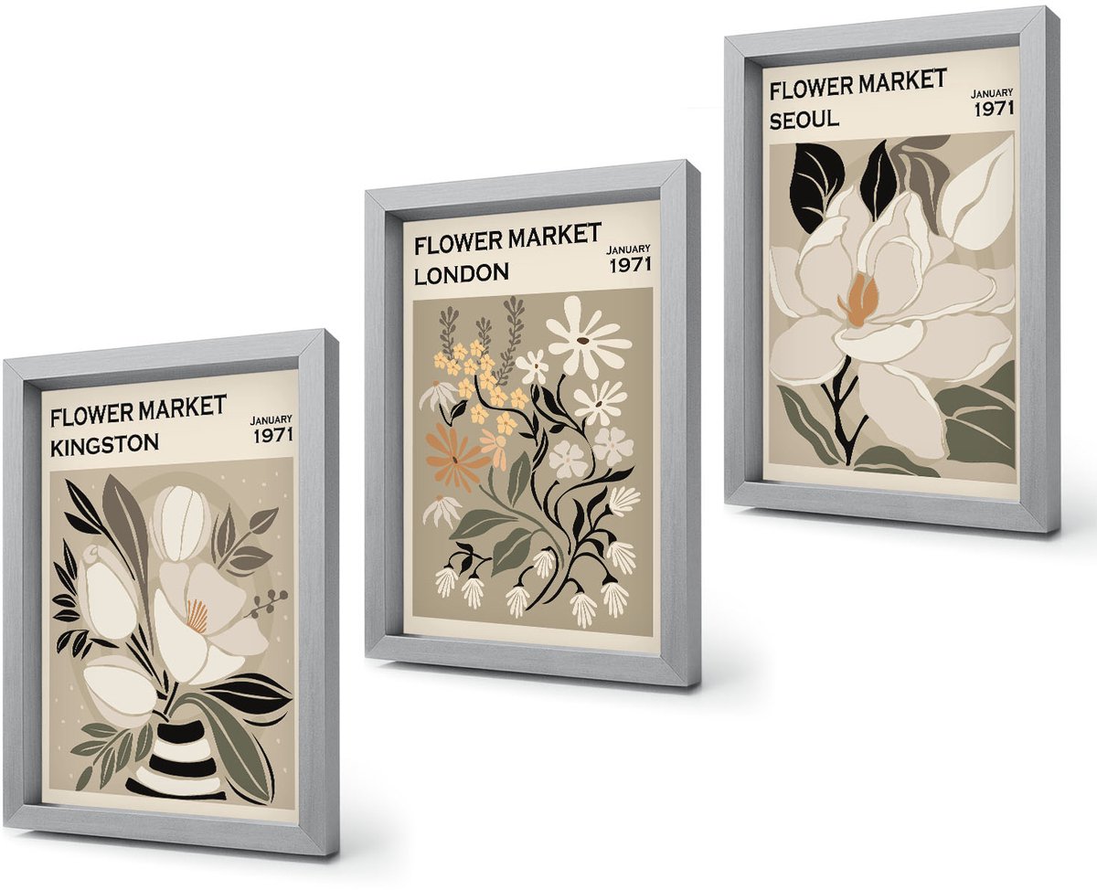 Coloray 4-Delige Schilderij Set - Retro bloemen uit verschillende steden over de hele wereld - 20 x 30 cm - Stijlvolle Wanddecoratie - Interieur Zilveren lijst