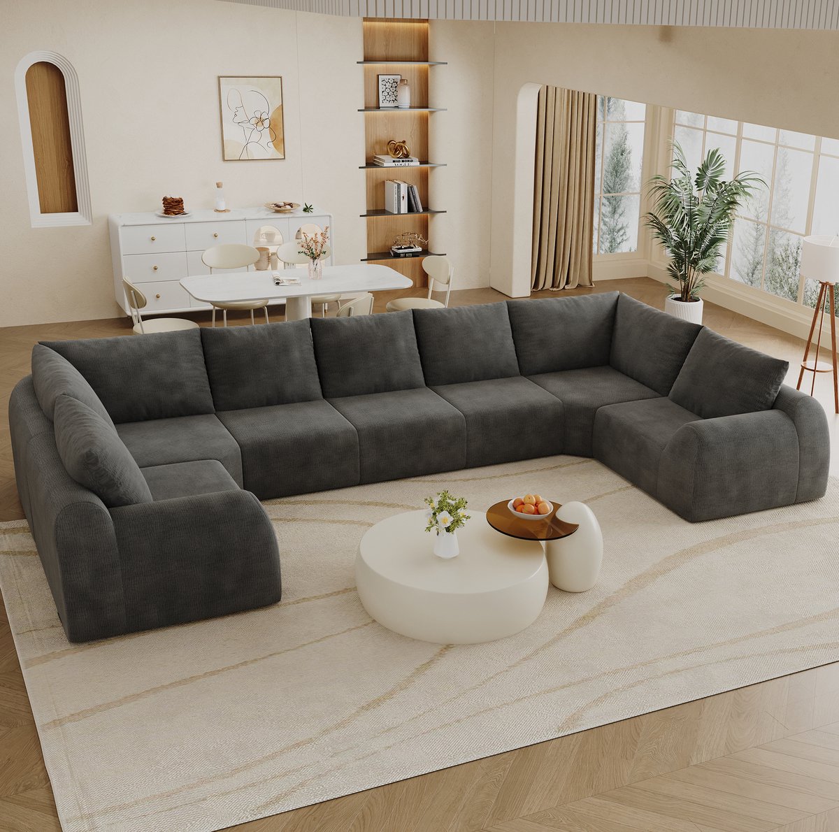 U Bank 411 Cm - 7 Zitplaatsen - Zonder Montage En Direct Gebruiksklaar - Voor Woonkamer, Slaapkamer En Appartement - Chenillestof - Donkergrijs