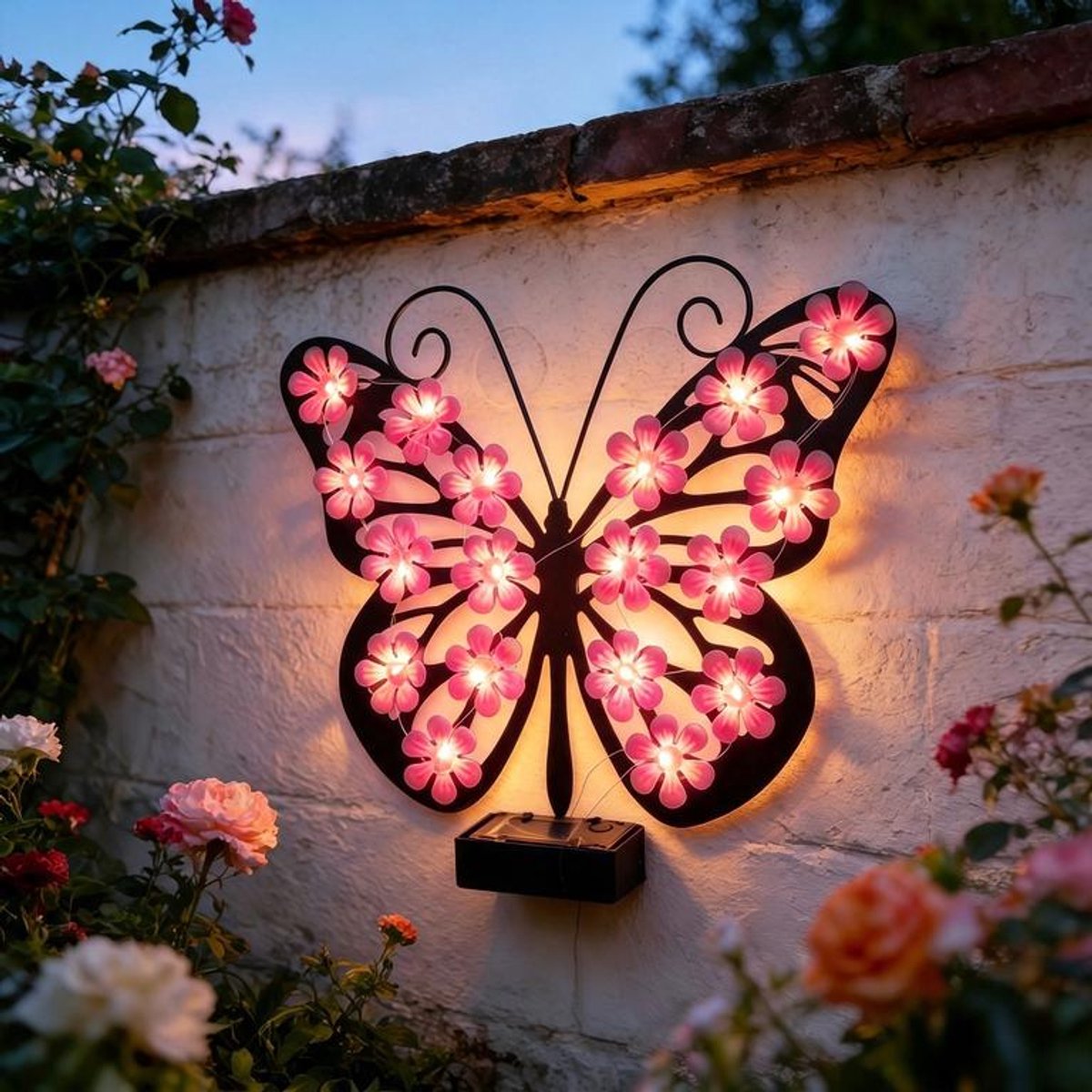 KZQ Buitenlamp op zonne-energie - Buitenverlichting - LED-lamp op zonne-energie - Tuinverlichting - IP65 beschermingsklasse - Vlinderdesign - Geschikt voor balkon, schutting, trapverlichting, enz. - Roze