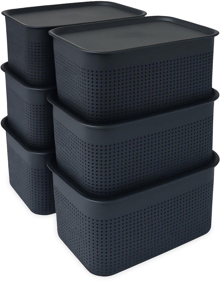 Famanu – Set van 6 opbergdozen met deksel, organiser van kunststof, 5 liter, afmetingen 13x26,5x19 cm, stapelbaar in zwart