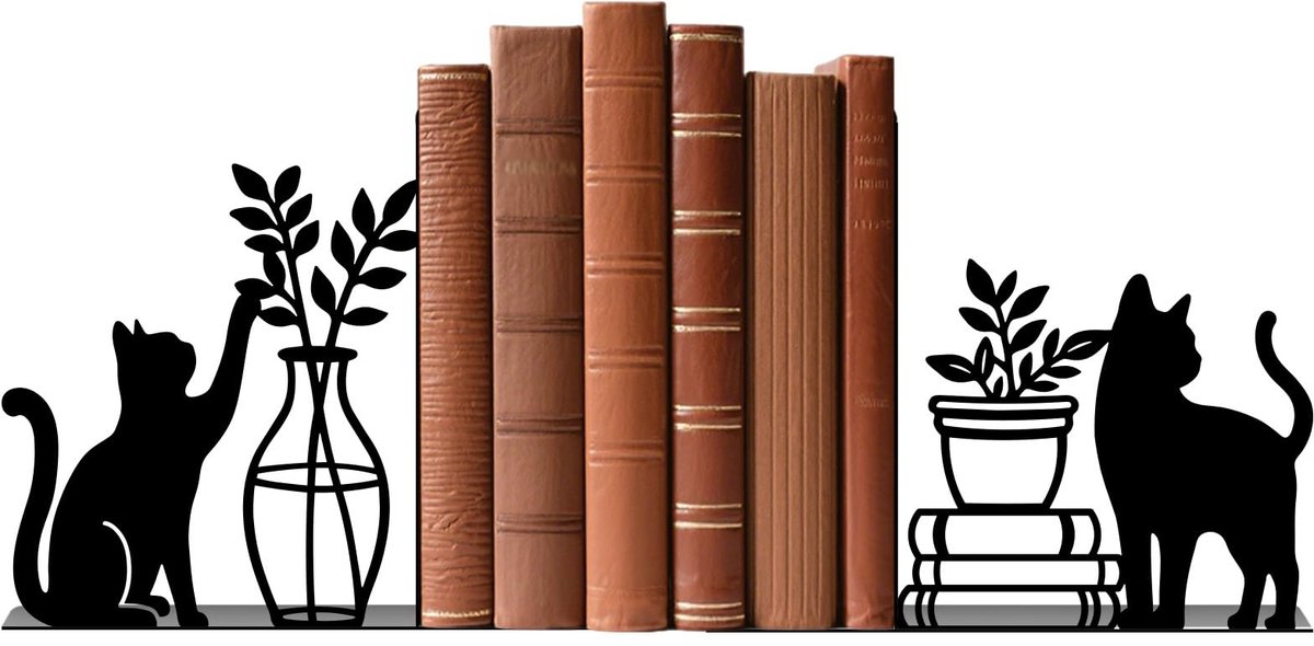 Famanu Boekensteunen van metaal, zwarte kat en vaas, set van 2 stuks voor planken