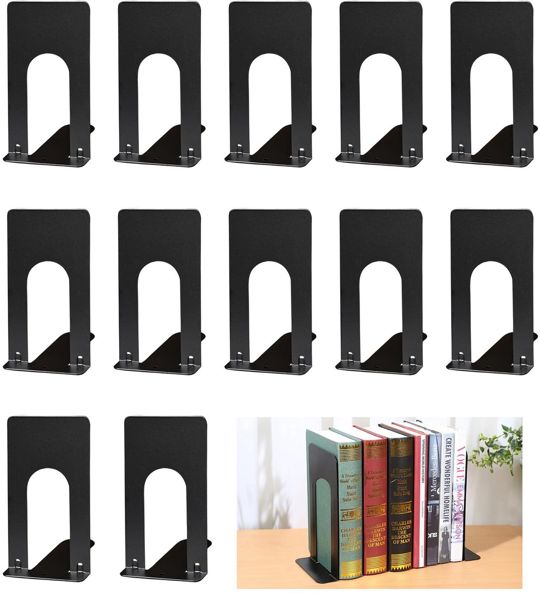 Famanu Set van 6 metalen boekensteunen voor boekenplank, zwart, ideaal voor thuis, kantoor, scholen en bibliotheken, 70 x 100 x 130 mm