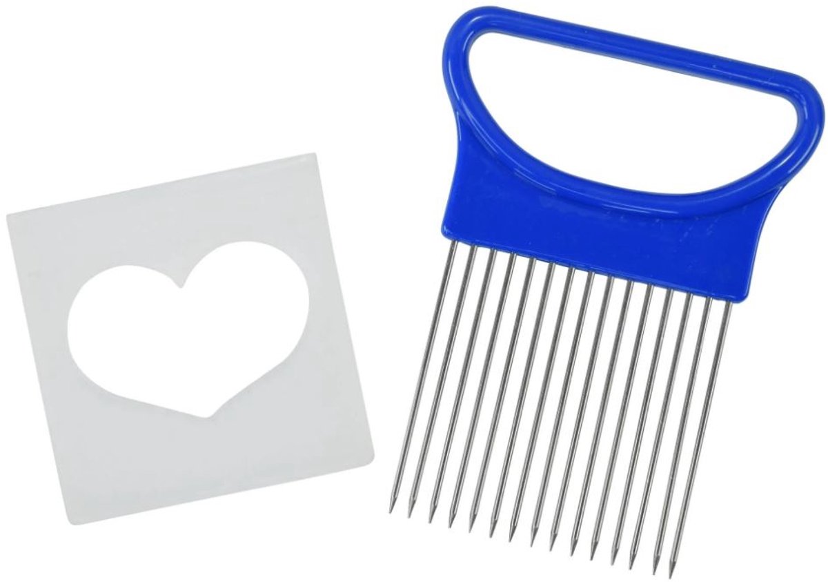 Uiensnijder - Uienkam - Ui snijden hulpstuk - Ui vasthouden tijdens snijden - Snij hulp ui - Groentesnijder - Ui naald - RVS - Blauw handvat - 10x8 cm - Jonyx
