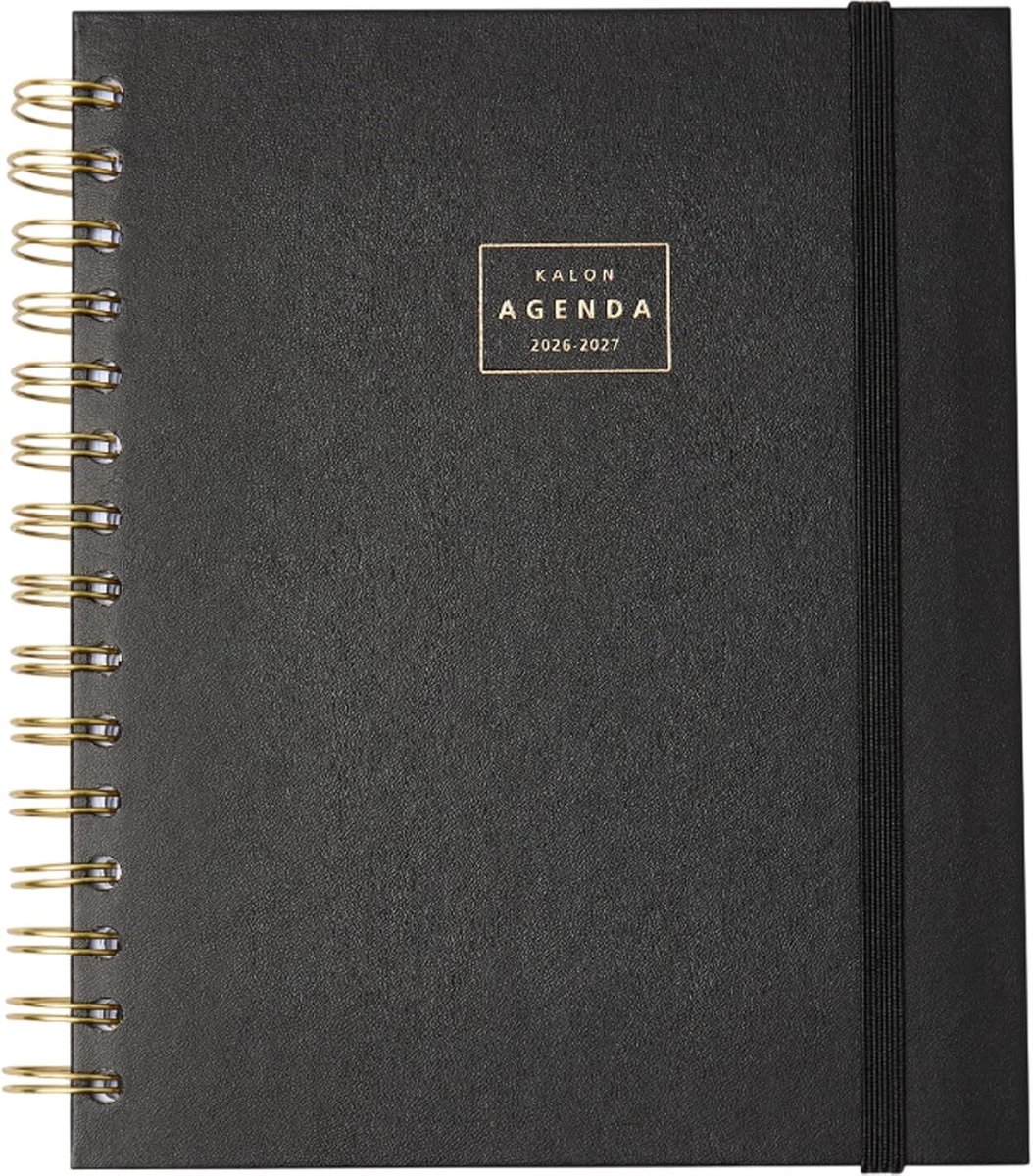 Schoolagenda 2026 2027 - Black Mousse - A5 17x21 cm - Kunstleren Hardcover met Dubbele Spiraal en Elastiek - Voor Studenten