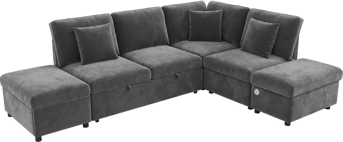 Merax Modulaire Hoekbank 6-Zits - 247,5 x 172 cm - Grijze Chenillestof - Slaapfunctie - Opbergruimte - USB-C