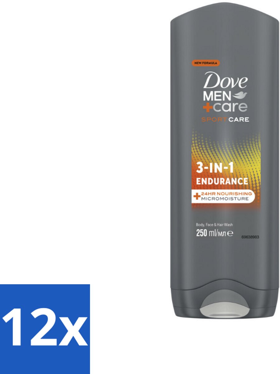 Dove Men+Care 3-in-1 Douchegel - Sport - 250 ml - Voordeelverpakking - 12 stuks