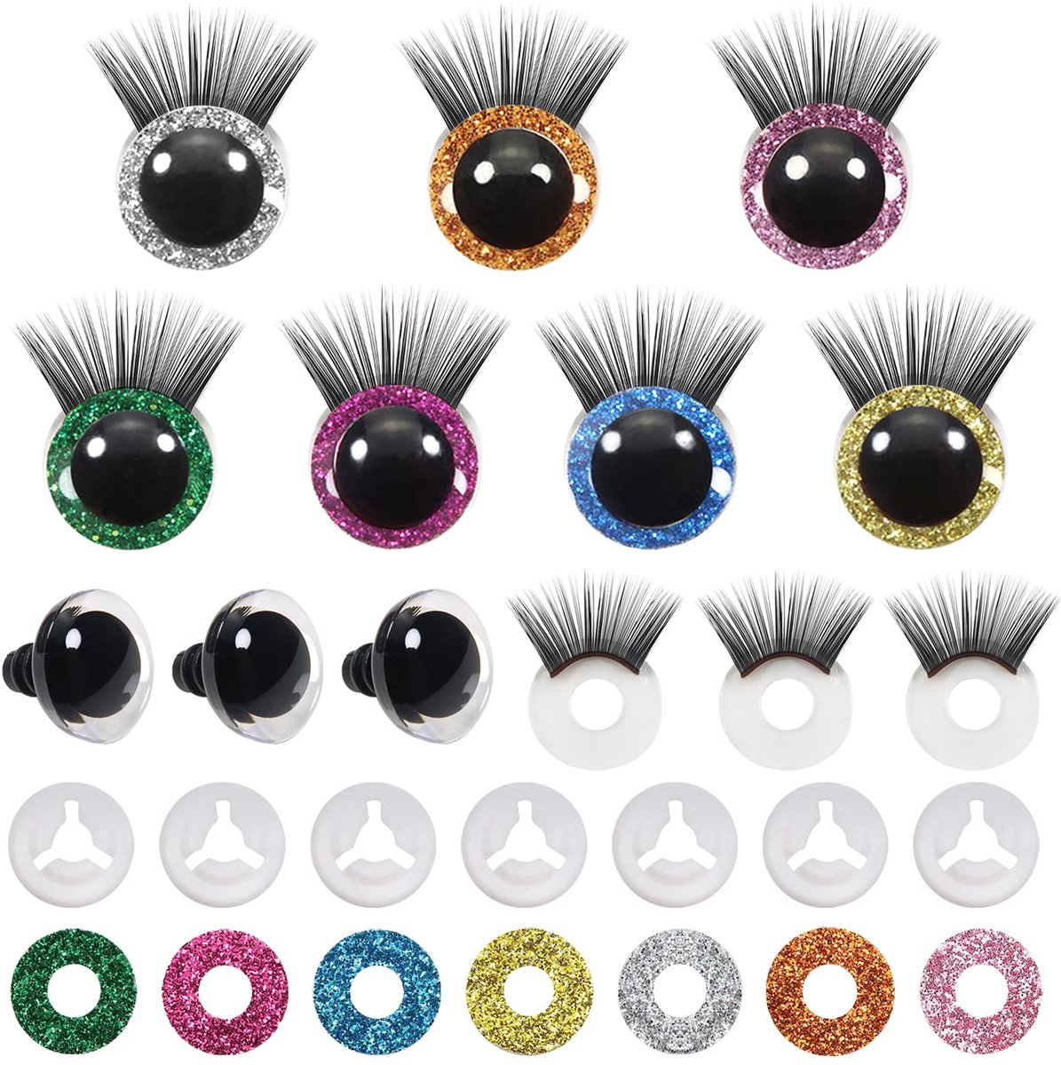 Veiligheid ogen 18mm met zwarte wimpers - glitter - 28 sets - perfect voor knutselen - ShopVlot