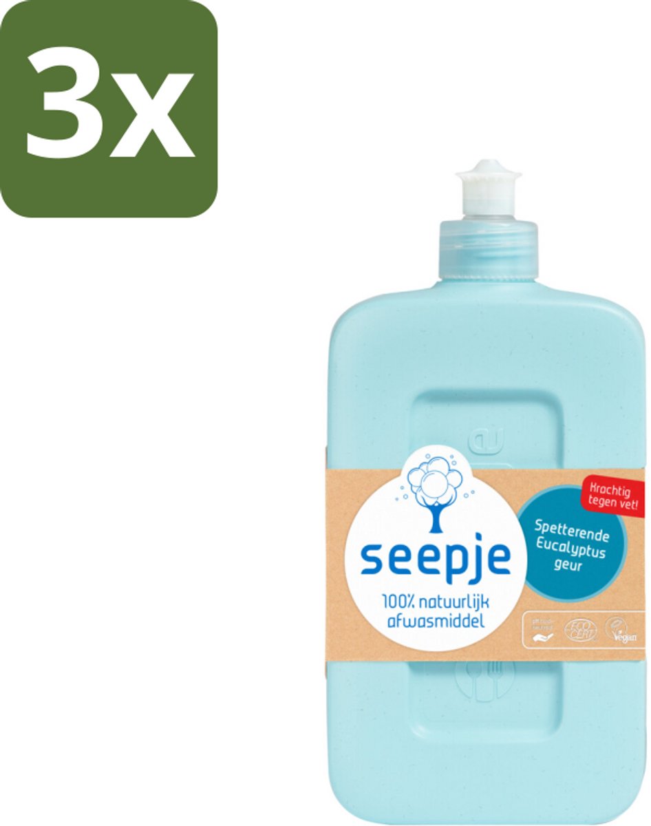 Seepje - Afwasmiddel - Verfrissend & Zacht voor de Handen - Spetterende Eucalyptus - 500 ml - Bulkverpakking - 3 stuks